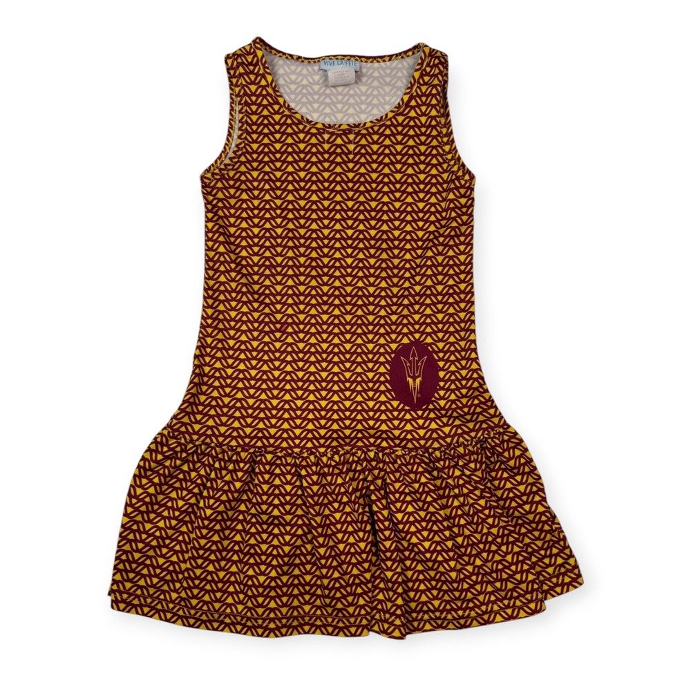Vive La Fete Girls ASU Dress Size 4 Gold Red Sleeveless Geometric Ruffle